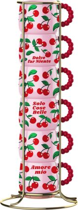 Mercato Della Frutta 6 Espressotassen Cherries, Porzellan, je 90 ml, stapelbar mit Metallgestell