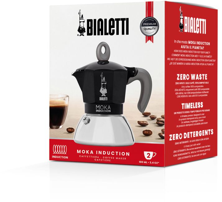 Bialetti Moka Induktion, Schwarz, Espressokocher mit Bi-Layer-Kessel 4 Tassen 2. Wahl (defekte Verpackung)